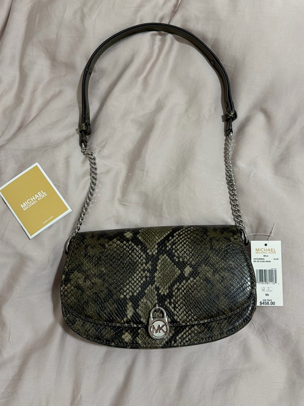 Michael Kors Olive Green Snake-Print Shoulder Bag